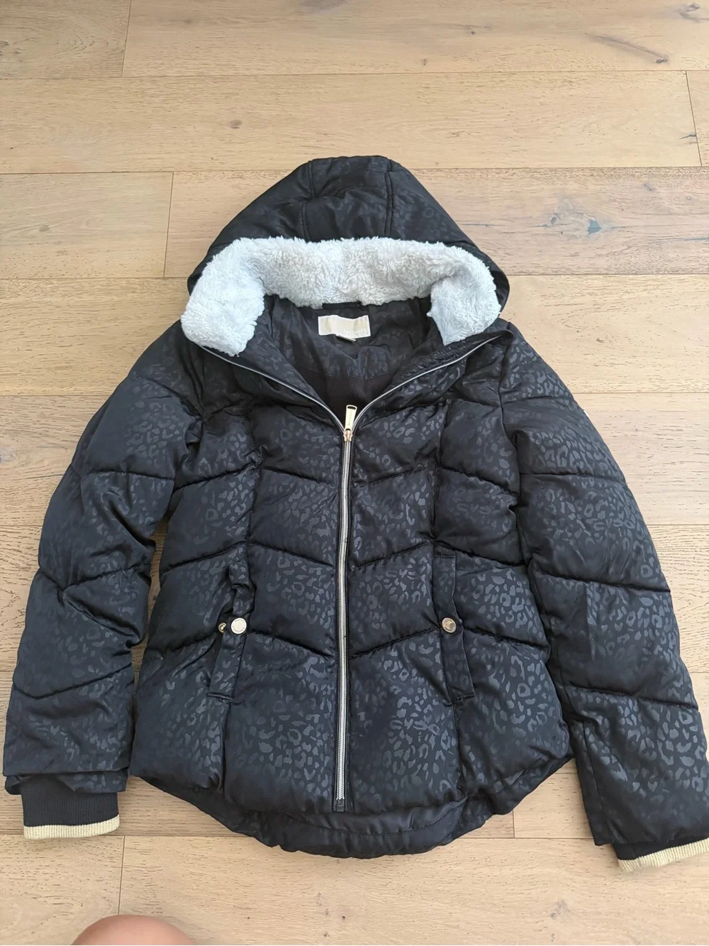 Michael Kors Black Puffer Jacket with Faux Sherpa Hood Lining